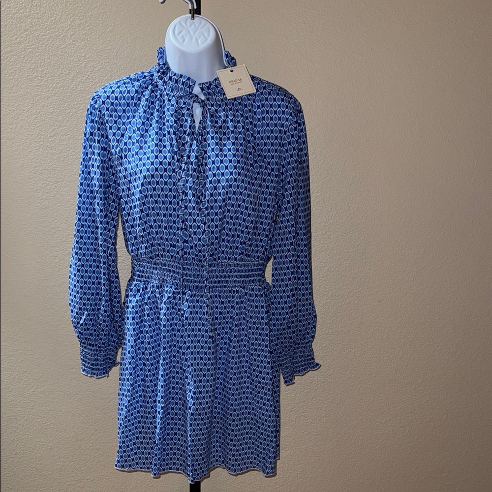 NWT RIHOAS Blue Lapis Tile Long Sleeve Ruffle Split Neck Dress Women’s Size M